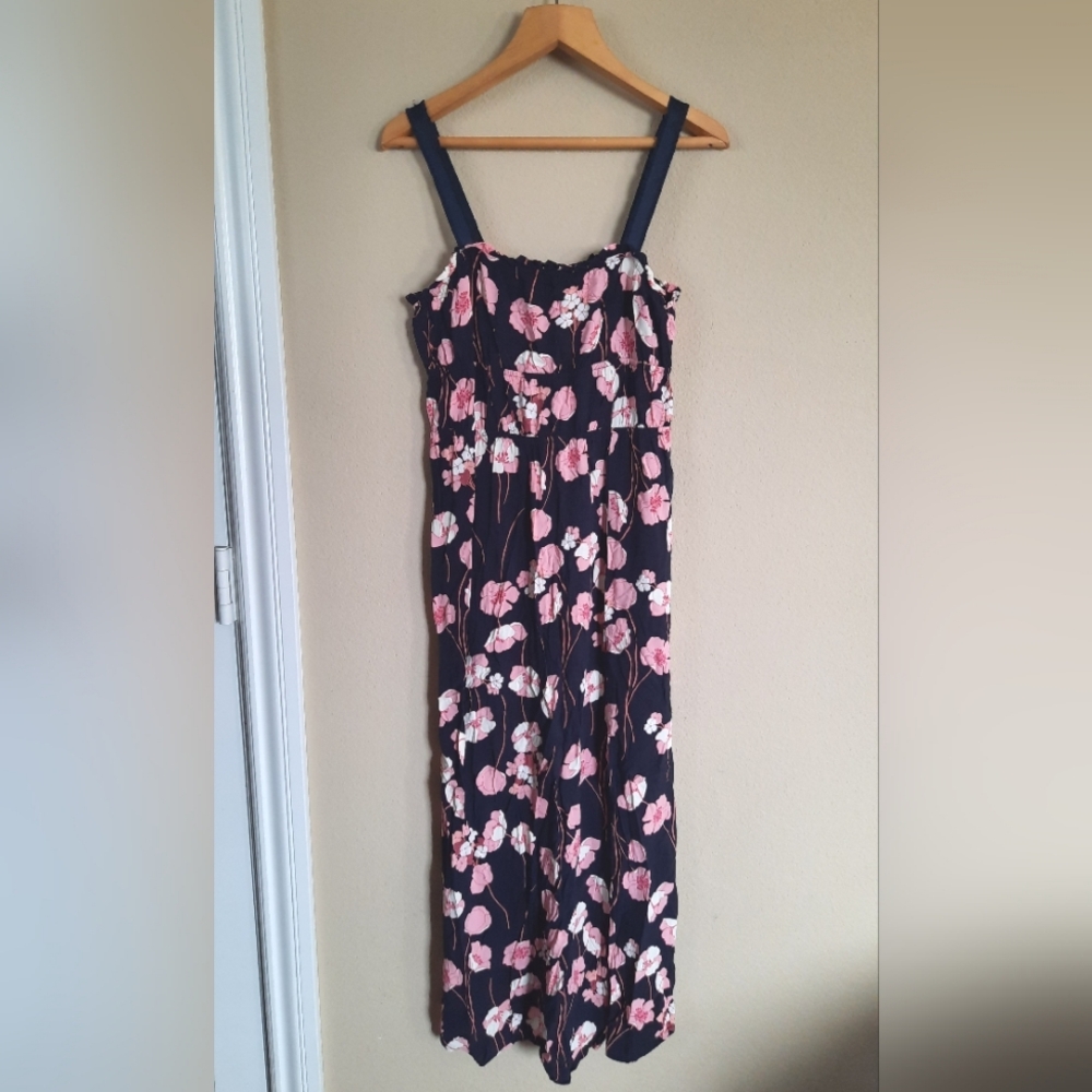 Navy & Pink Floral Maxi Dress Hibuscus Beachy Tropical Coverup Rayon